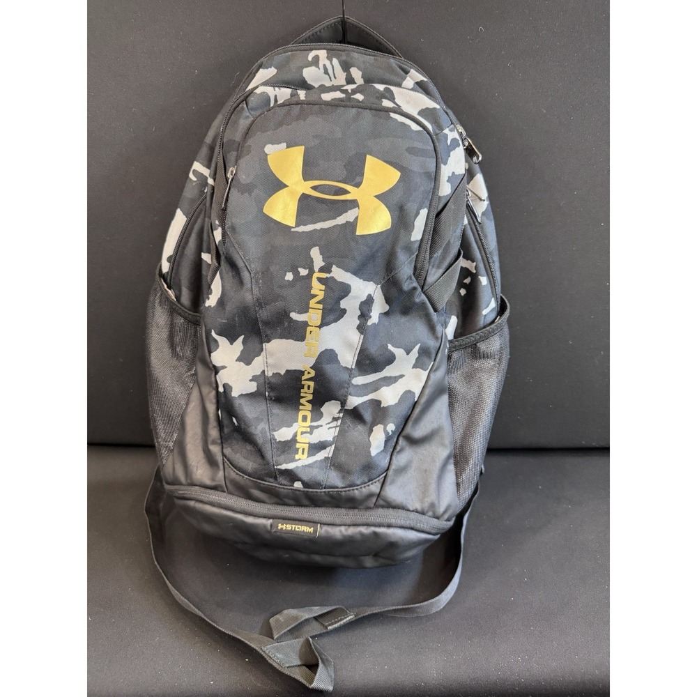 Under Armour Hustle 5.0 Storm Backpack Black Gray Camo Gold Laptop 1361176
